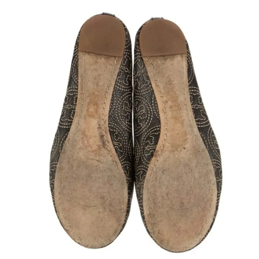 Tory Burch Leather Printed Ballet Flats Floral Logo Reva Classic Shoes Women 6.5